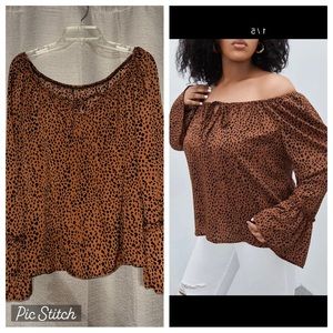 Plus Dalmatian Print Off Shoulder Knot Front Flounce Sleeve Blouse